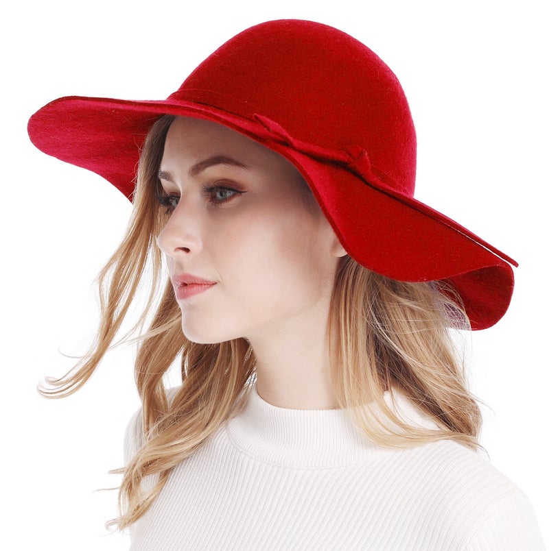 Bienvenu Floppy Hats for Women, Ladies Goth Fall Fedora Hat, Wide Brim Wool Felt Sun Hat,Red - Image 3